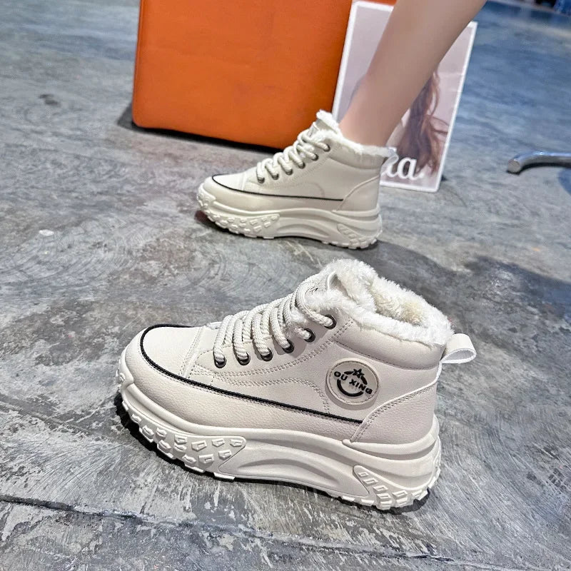Women's Winter 2023 New Style Flat Boots Fleece Lined Thickened Warm Cotton Shoes High Top Little White Shoes Hx-q037