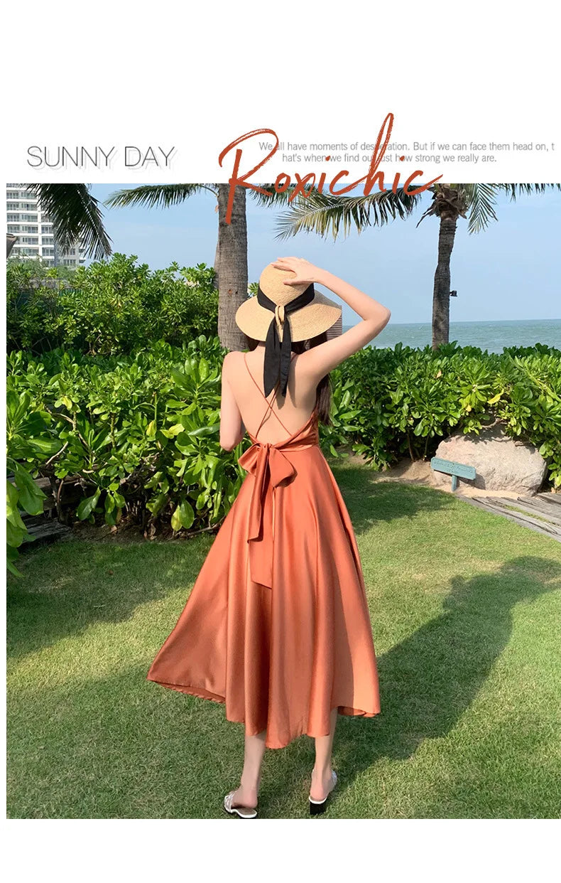 New ivory Caramel terracotta Auburn satin 120cm over knee spaghetti backless strap summer lady girl dress gown daily wear