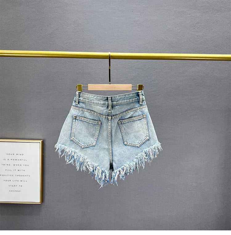 Diamond-Embedded Denim Shorts Women's Fashionable 2023 New Summer High Waist Loose Slimming Raw Hem Wide Legs Short Hot Pants