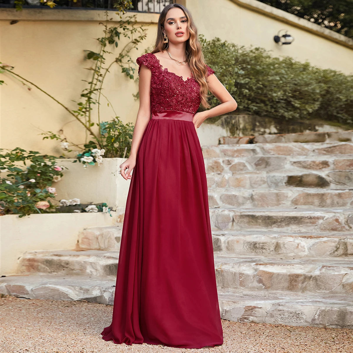 A-line V Neck Sleeveless Floral Lace Chiffon Back Hollow Long Paty Bridesmaid Dress Women 2024 For Wedding Sexy Evening Dress
