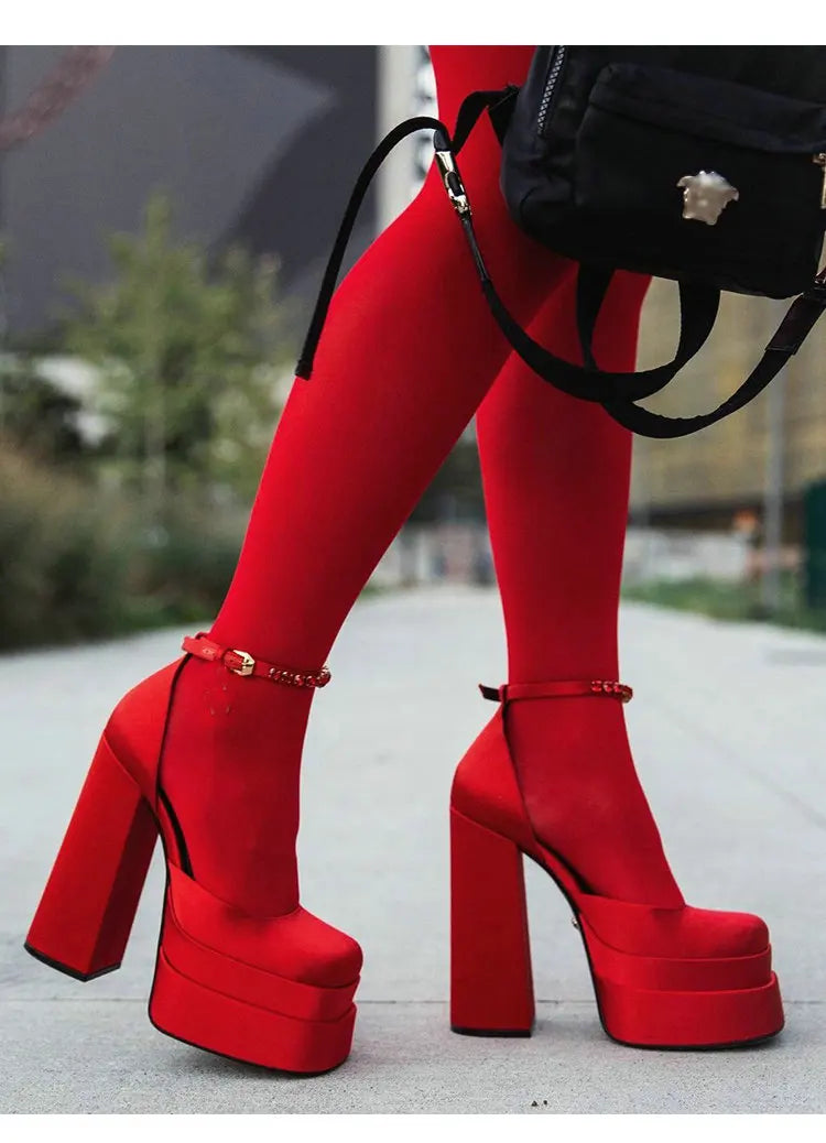 High Heels Women 2025 New Fashion Show 15cm Personality Super High Heel Waterproof Square Head Black Silk Runway Shoes