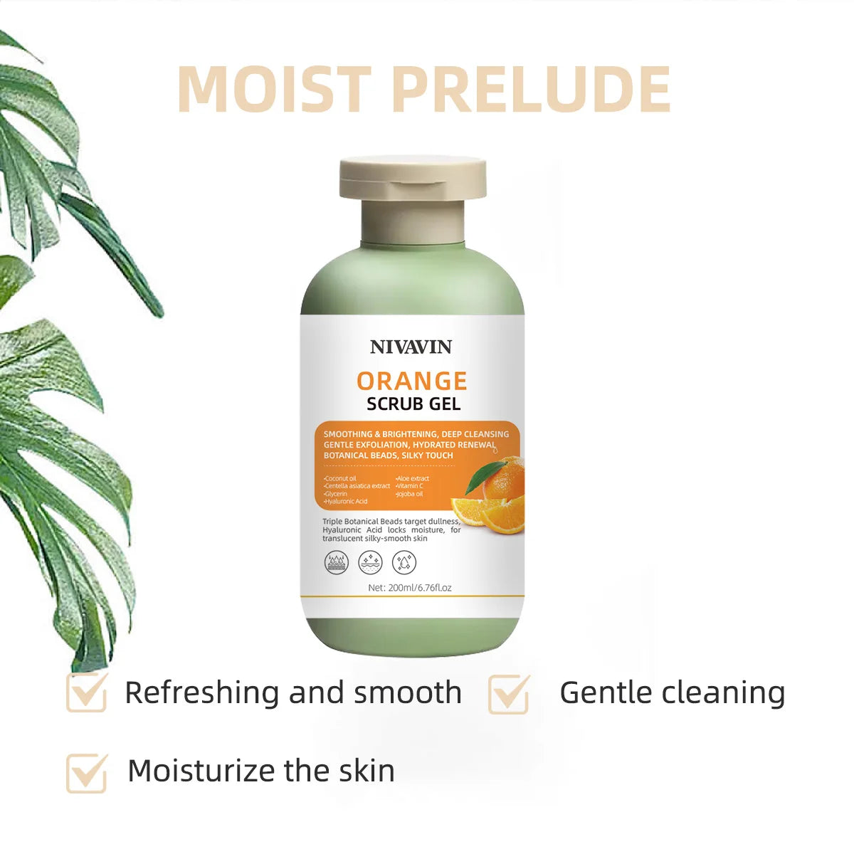 200ml Orange Scrub Gel is suitable for all skin types, gently removes dead skin cells, moisturizes and brightens the skin tone