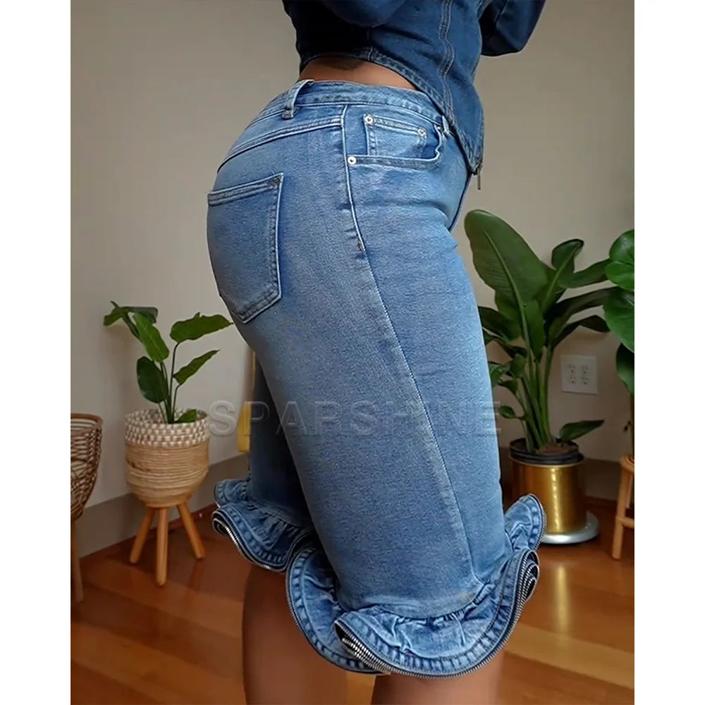 Casual High Waist Denim Shorts Women Fashion Ripped Wave Ruffle Hem Slim Fit Jeans Shorts Streetwear Trendy Slimming Shorts
