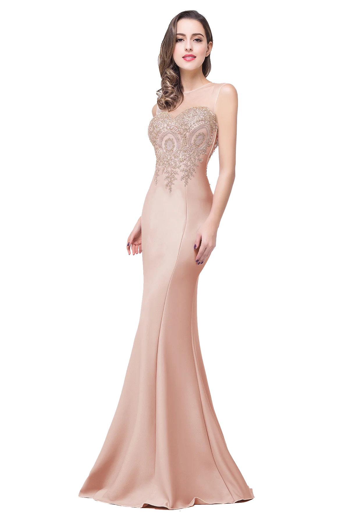 BABYONLINE Golden Appqulies Bridesmaid Dresses for Women Maxi Floor Length Mermaid Gowns Elegant Sweetheart Illusion Summer