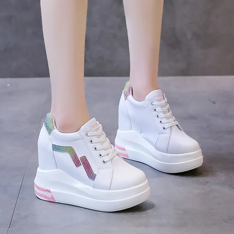 Women's Ankle Boots Autumn Leather Chunky Shoes Woman Platform Height Increased Sneakers 10.5CM Thick Sole Wedges White Boots