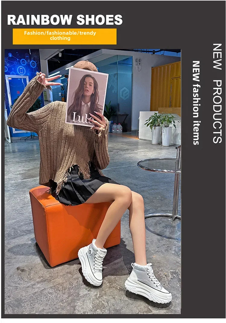 Women's Winter 2023 New Style Flat Boots Fleece Lined Thickened Warm Cotton Shoes High Top Little White Shoes Hx-q037
