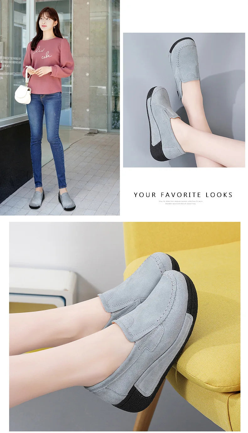 2022 Spring Autumn Women Flats Platform Loafers Ladies Genuine Leather Comfort Wedge Moccasins Orthopedic Slip On Casual Shoes