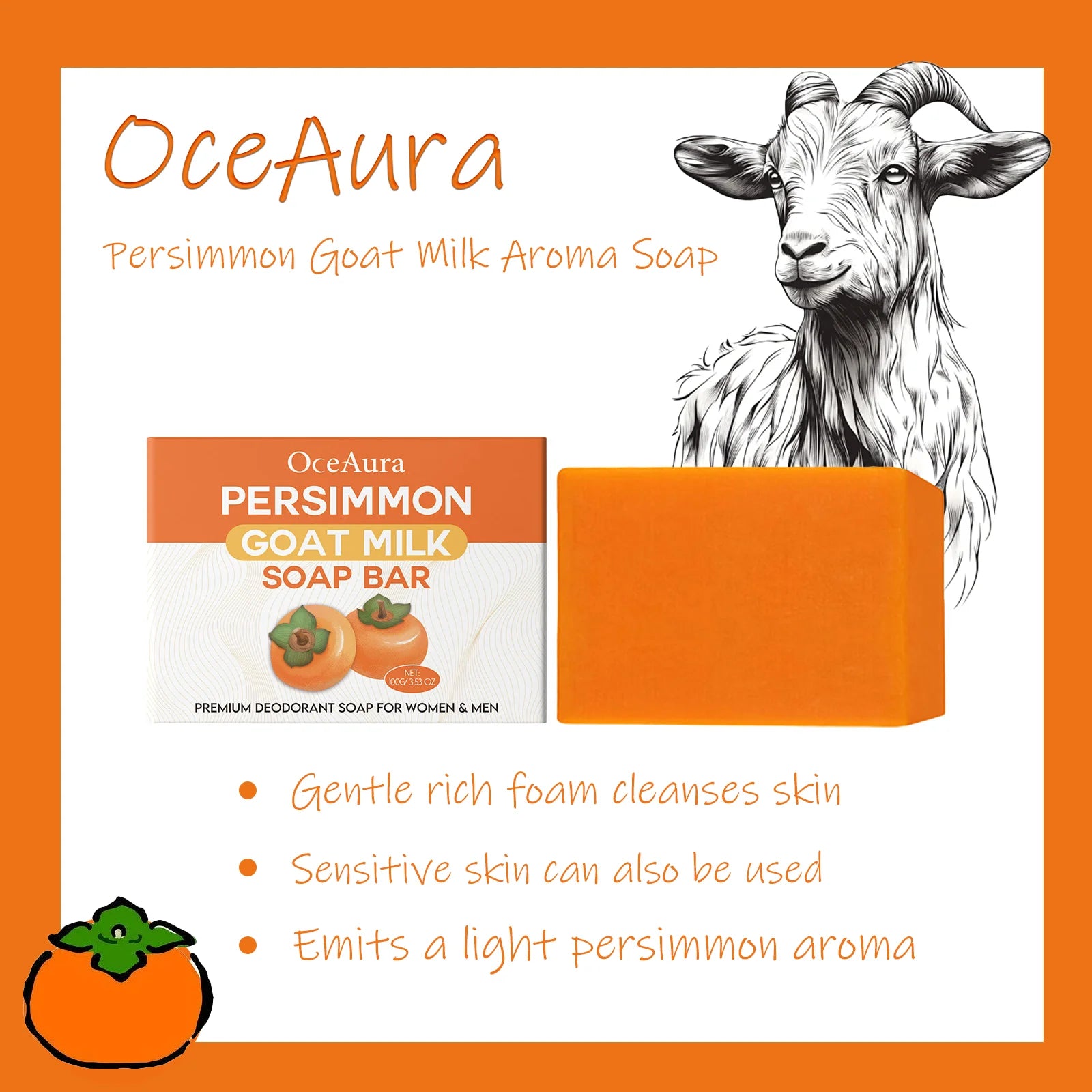 OceAura Persimmon Goat Milk Fragrance Soap Moisturizes, Moisturizes, Mildly Cleanses, Fragrances, Softens and Cares Skin Soap