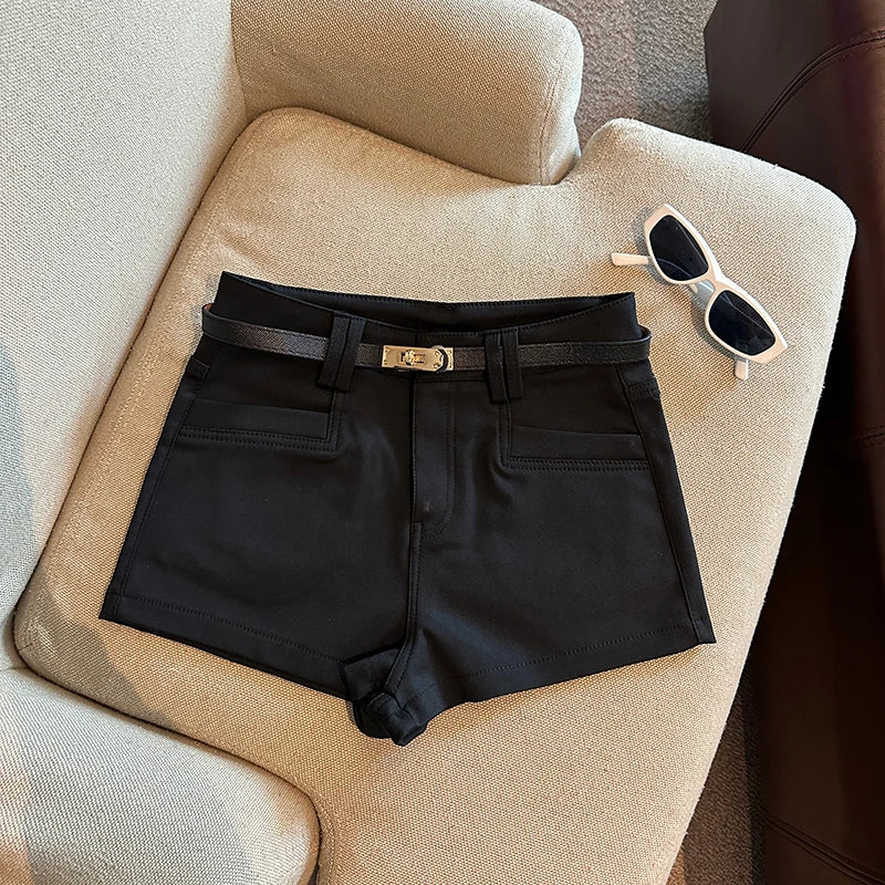Autumn Black White Elegant Fashion Sexy Slim Short Pant Clothes Women Casual Beige Pockets High Waist Office Lady Shorts Simple