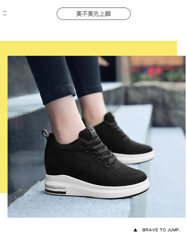 Casual Increase Women Shoes Mesh Comfortable Breathable Wedge Heels Fashion Contracted Lace Up Running Sneakers Tênis Branco