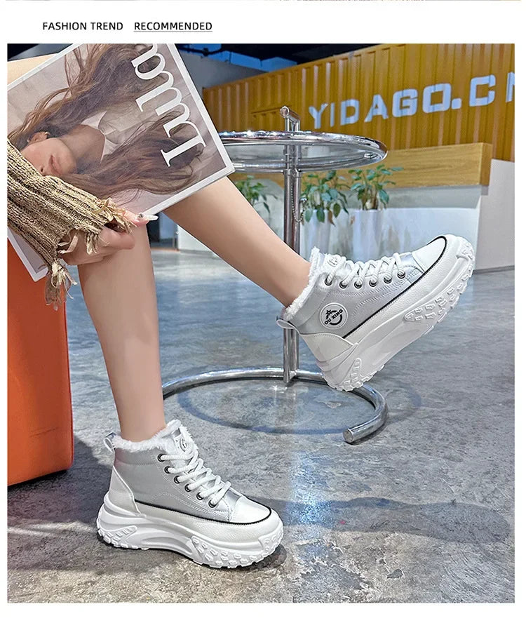 Women's Winter 2023 New Style Flat Boots Fleece Lined Thickened Warm Cotton Shoes High Top Little White Shoes Hx-q037