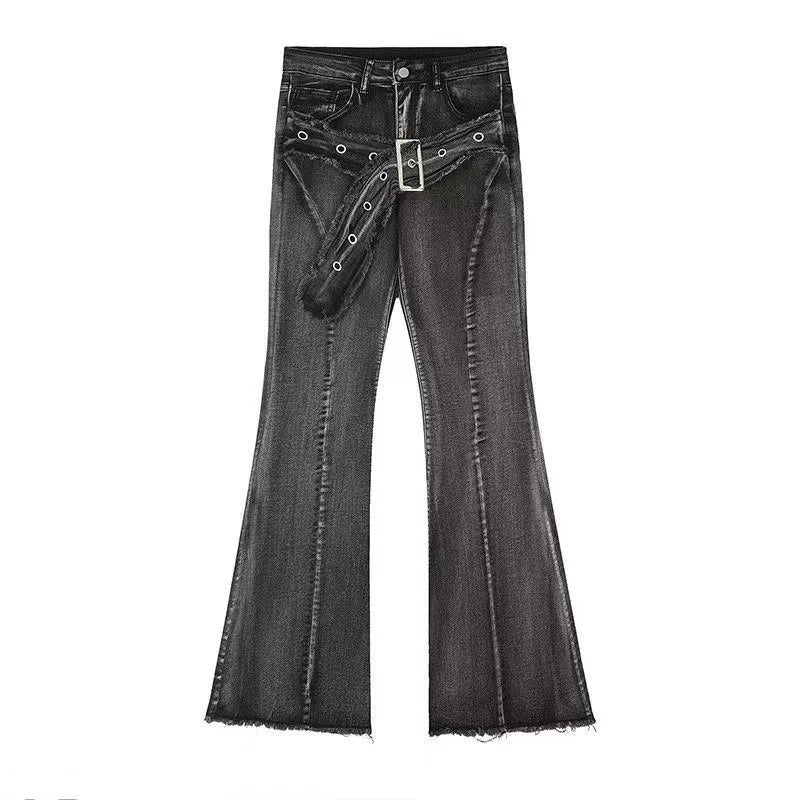 Vintage Slim Micro-flare Jeans Women Ins Fashionable Splicing Belt Edge Y2K Pants High Waist Straight American Street Trousers