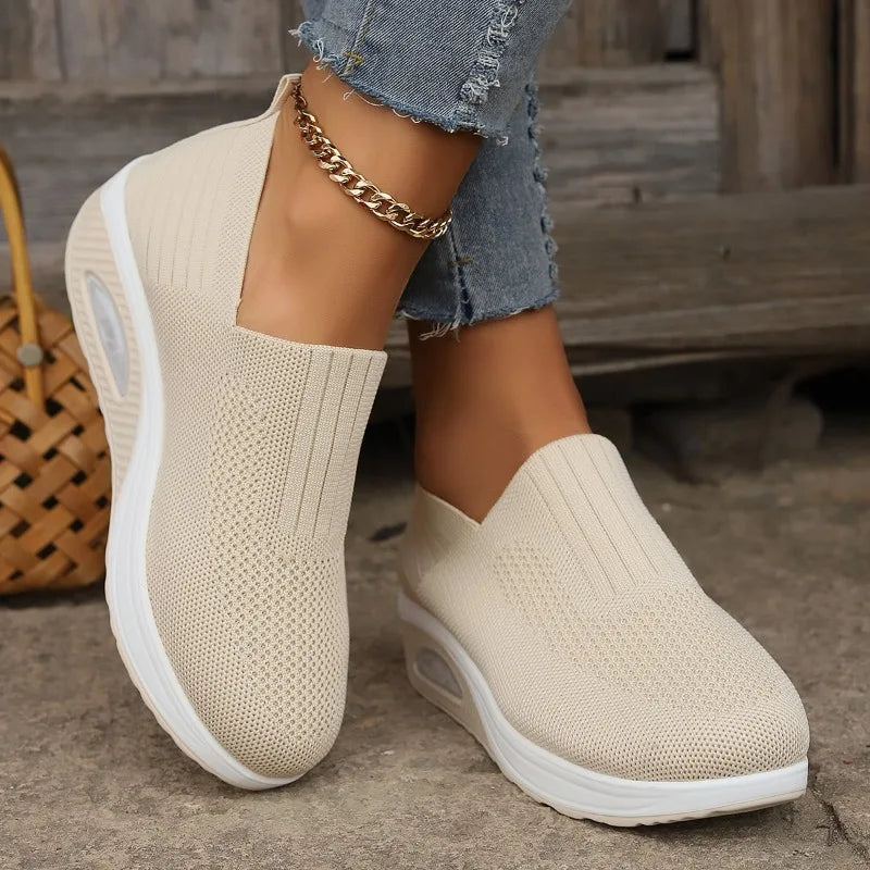 2025 Summer Fashion Mesh Breathable Sneakers Casual Solid Color Thick-soled Wedge Shoes Comfortable Walking Vulcanized Shoes