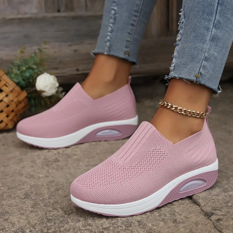 2025 Summer Fashion Mesh Breathable Sneakers Casual Solid Color Thick-soled Wedge Shoes Comfortable Walking Vulcanized Shoes