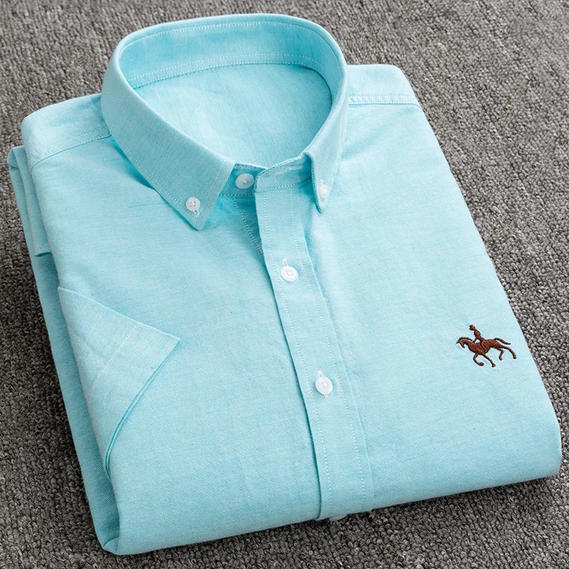 100% Pure Cotton Oxford Shirt For Men’s Short Sleeve Solid Stripe Leisure Embroidered Horse Social Business Formal Dress Shirts