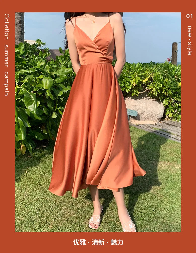 New ivory Caramel terracotta Auburn satin 120cm over knee spaghetti backless strap summer lady girl dress gown daily wear