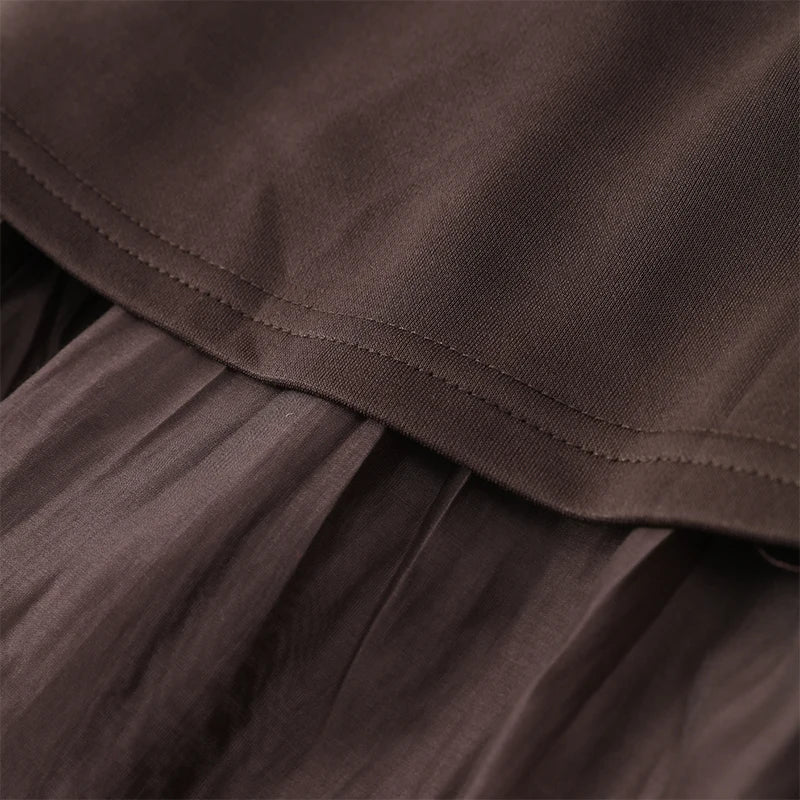 2025 Chic Splicing Brown Half Sleeve Maxi Dress Women's Casual Pleated A-line Slim Vestidos Female Office Commute Street Robes