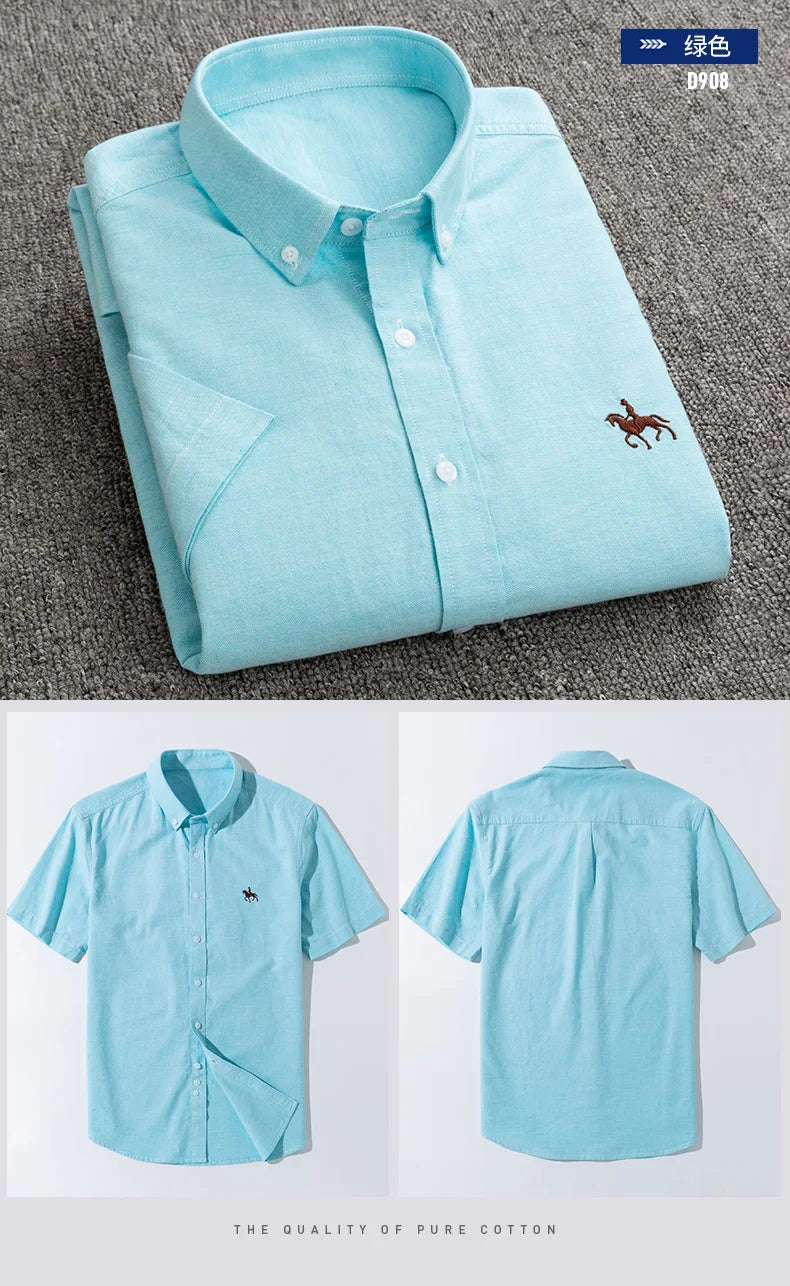 100% Pure Cotton Oxford Shirt For Men’s Short Sleeve Solid Stripe Leisure Embroidered Horse Social Business Formal Dress Shirts