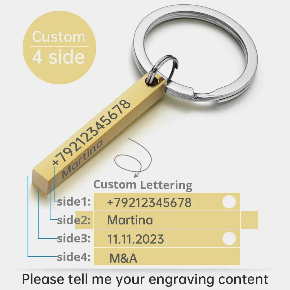 3D Bar Stainless Steel Personalize Keychains Engrave Text Name Date Logo Keyrings Customized Key Chain Rings Christmas Gift P039