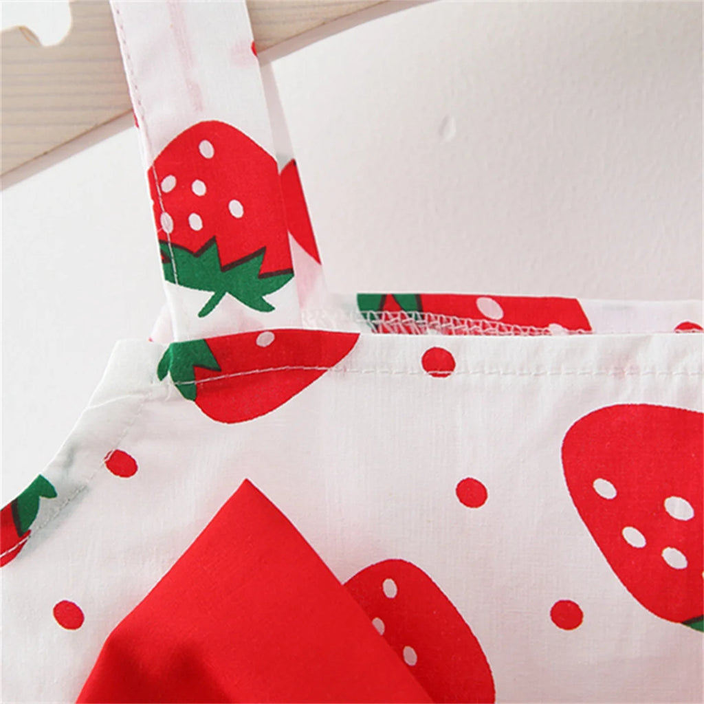 New Summer Baby Girls Dress + Hat Big Bow Ribbon Halter Strawberry Polka Dot Full Print Sweet Princess Dress Birthday Party Team