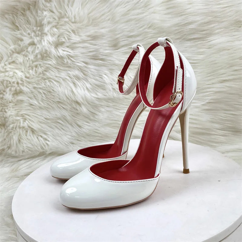 White Patent Leather Women Ankle Strap Stiletto Pumps Round HeadToe Sexy High Heel Shoes 10cm 12cm Customize 33-46 Zapatos Mujer
