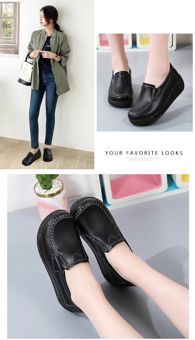 2022 Spring Autumn Women Flats Platform Loafers Ladies Genuine Leather Comfort Wedge Moccasins Orthopedic Slip On Casual Shoes