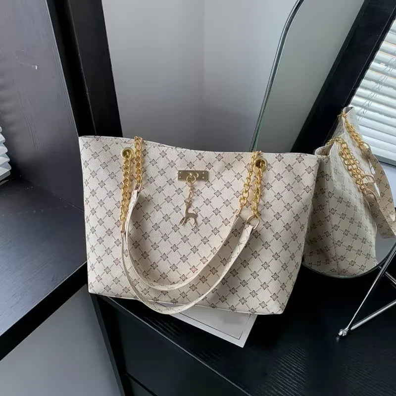 1pcs Fashionable Large Capacity Handbag Texture PU Leather Tote Women Bag with Hanging Accessories Shoulder Bag