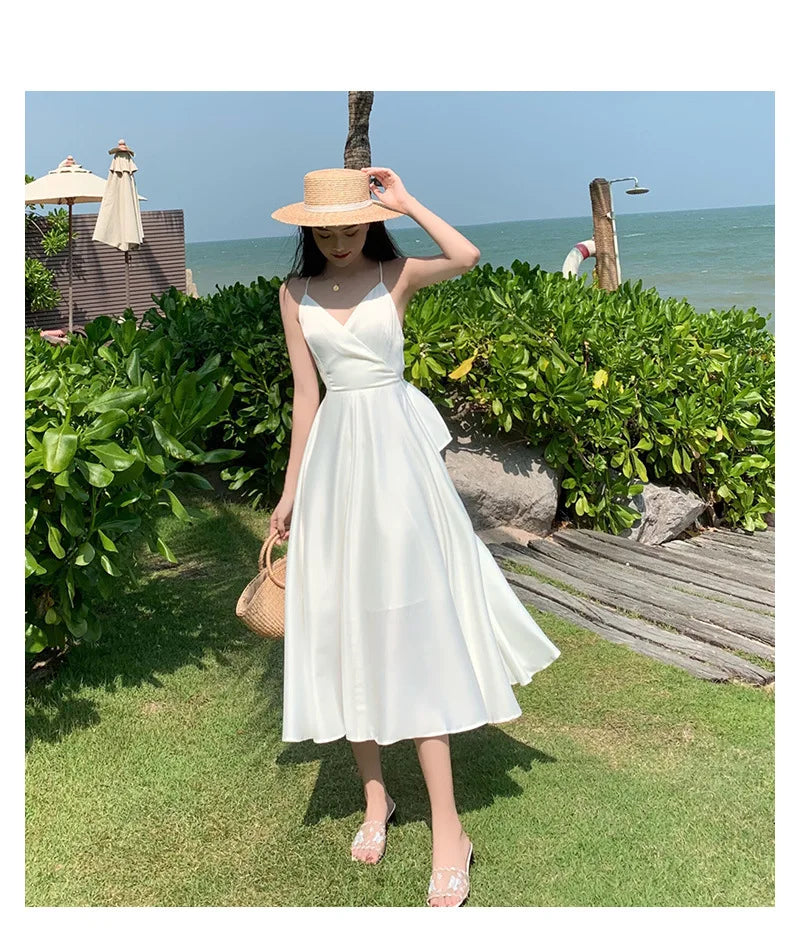 New ivory Caramel terracotta Auburn satin 120cm over knee spaghetti backless strap summer lady girl dress gown daily wear