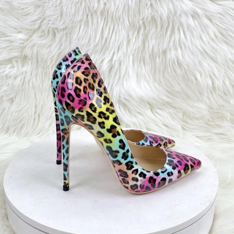Fashion Leopard Print 8cm 10cm 12cm Pumps Women Pointed Toe Stiletto Sexy Celebrity Night Club Party High Heel Shoes Large Size