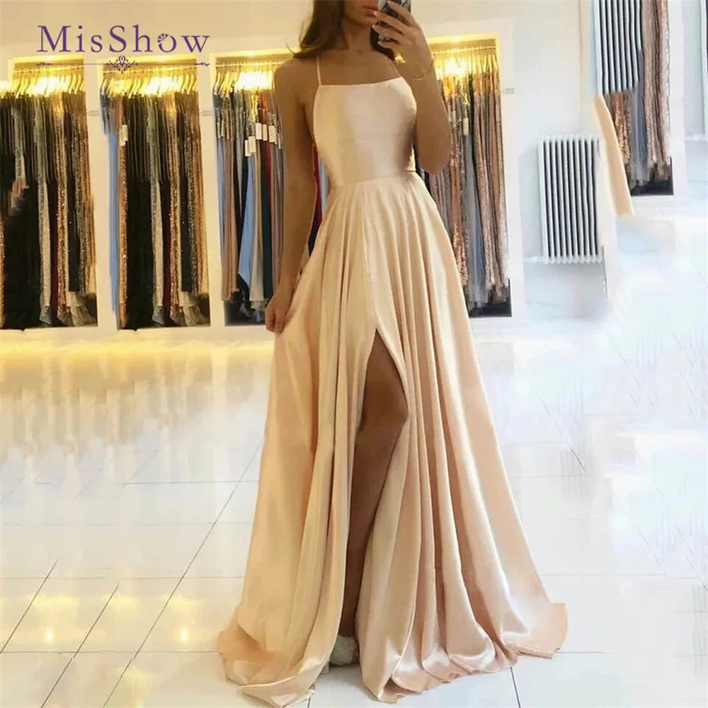 MisShow Women's Elegant Bridesmaid Dresses For Wedding 2024 Sexy Spaghetti Straps Split Long Satin Prom Evening Party Gowns