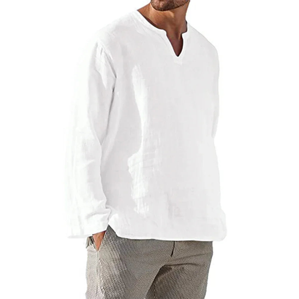 Men's Cotton Linen Shirt Cozy Solid Color Long Sleeve Breathable Tops V Neck Casual Blouse Hawaiian Shirt Lightweight Shirts
