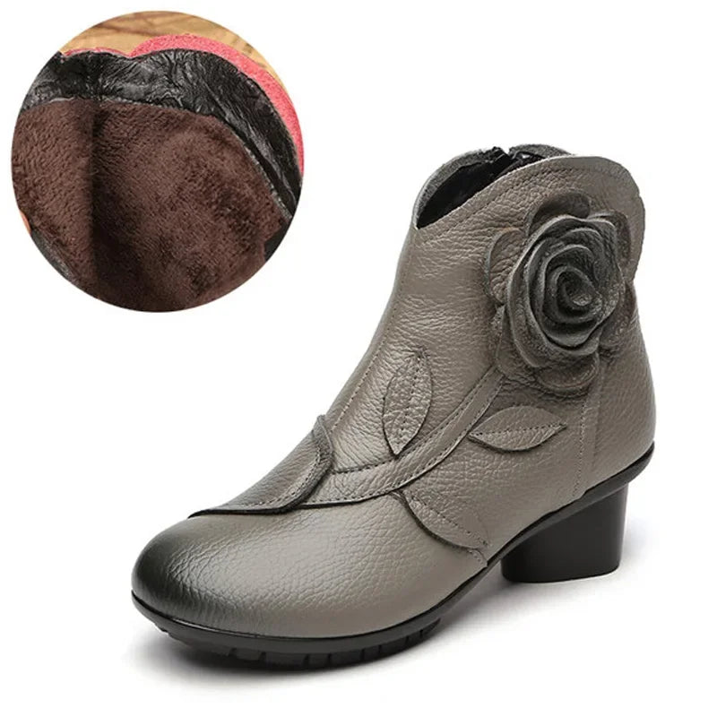 BEYARNE  Handmade Boots Flower Solid Color Womens Low Heel Genuine Leather Soft Short Boots Women Shoes Botas Mujer
