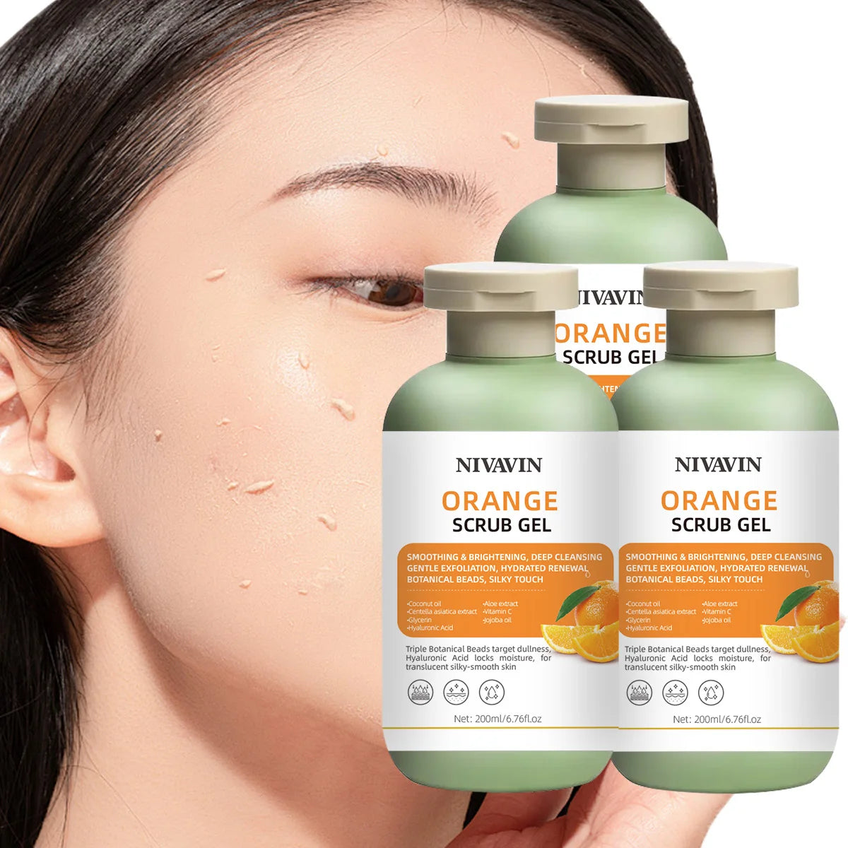 200ml Orange Scrub Gel is suitable for all skin types, gently removes dead skin cells, moisturizes and brightens the skin tone
