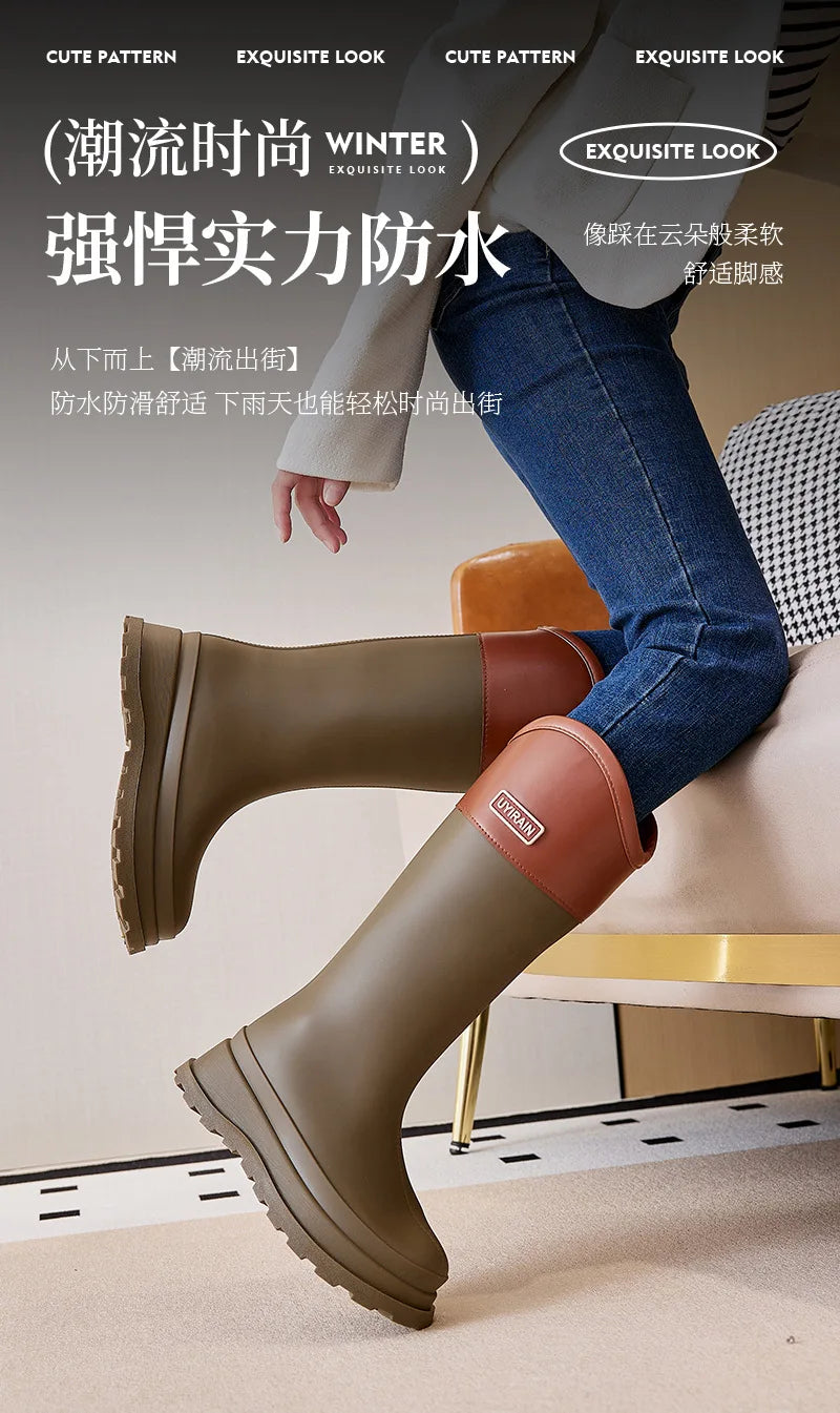 Adult Fashionable High-top Rain Boots Women's Waterproof and Non-slip Rain Boots for Outdoor Travel and Camping Cotton Warm Boot