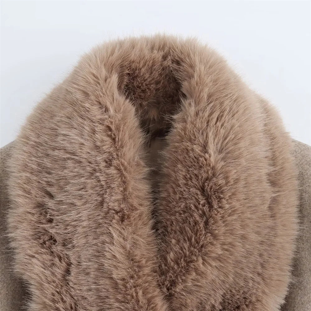 Women's Belt Warm Fur Collar Coat Flip Collar Pocket Button Decoration Autumn/Winter New Women's Wear