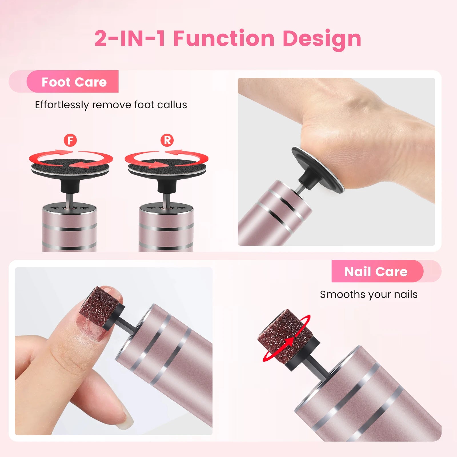 2in1 Electric Foot Callus Remover Machine Rechargeable Pedicure Tool for Dead Skin And Cuticle Removal with Replacement Sand