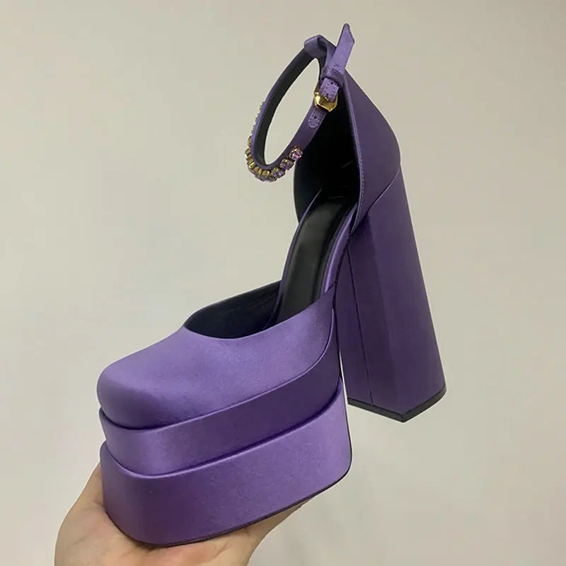 High Heels Women 2025 New Fashion Show 15cm Personality Super High Heel Waterproof Square Head Black Silk Runway Shoes