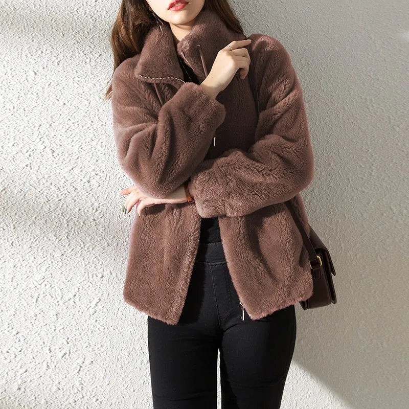 Women Autumn Winter Faux Fur Coats Zipper Cardigan Plush Thick Warm Coat Loose Oversized Outerwear Female Coral Fleece Overcoat