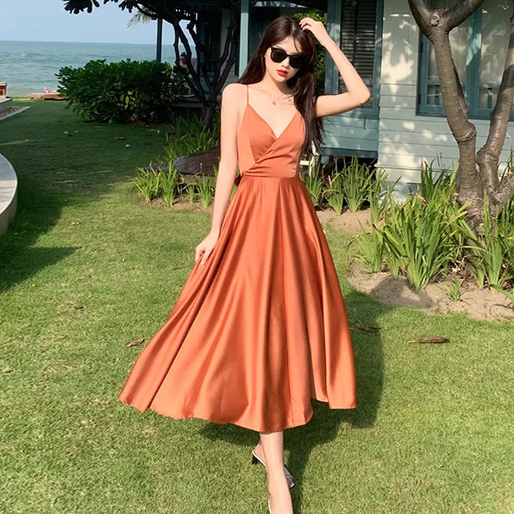 New ivory Caramel terracotta Auburn satin 120cm over knee spaghetti backless strap summer lady girl dress gown daily wear