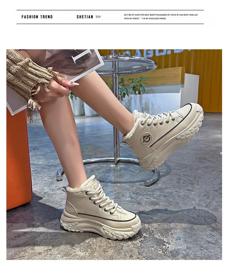 Women's Winter 2023 New Style Flat Boots Fleece Lined Thickened Warm Cotton Shoes High Top Little White Shoes Hx-q037