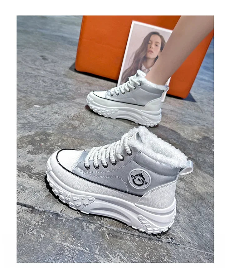 Women's Winter 2023 New Style Flat Boots Fleece Lined Thickened Warm Cotton Shoes High Top Little White Shoes Hx-q037