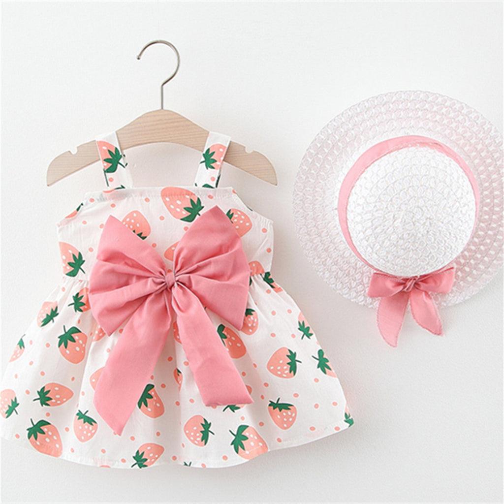 New Summer Baby Girls Dress + Hat Big Bow Ribbon Halter Strawberry Polka Dot Full Print Sweet Princess Dress Birthday Party Team