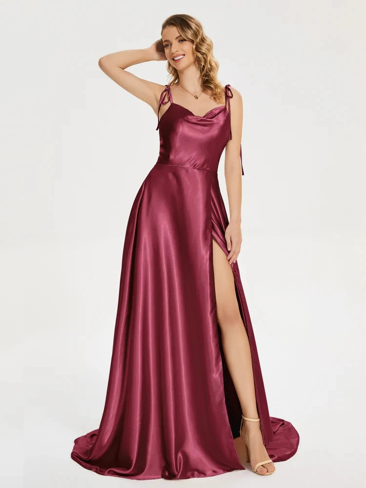 BABYONLINE Elegant Bridesmaid Dress Cowl Neck Adjusted Spaghetti Silky-satin Fabric A-line Silhouette Wedding Women Long Gown