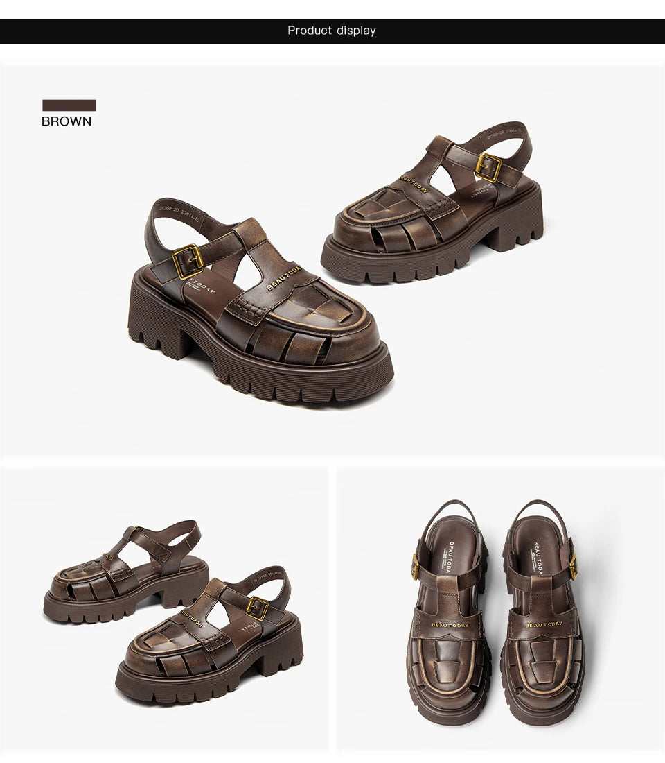BEAUTODAY Gladiator Platform Sandals Women Solid Buckle T-Strap Thick Sole Retro Rome Summer Beach Ladies Shoes Handmade 38260