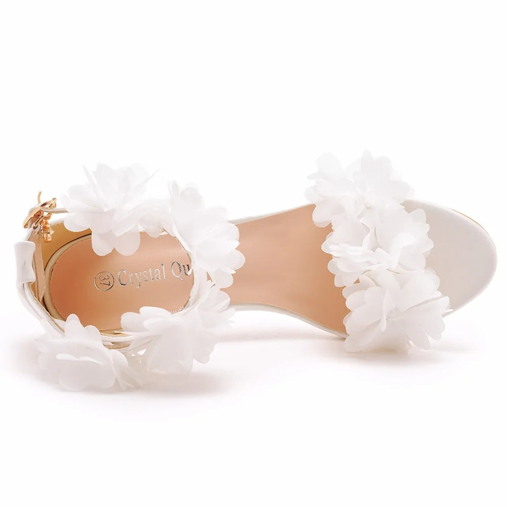 Women Sandals Fashion Sandalias Flower Decoration PU 8CM Cover Heel Buckle Strap White Solid Bridal Wedding Sweet Women's Shoes
