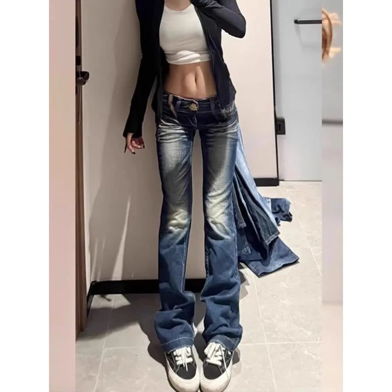 Summer Y2K Fashion Retro Punk Low Waist Casual Embroidery Diamond Jeans Blue Wings Pattern Embroidered Leg Slim Pants