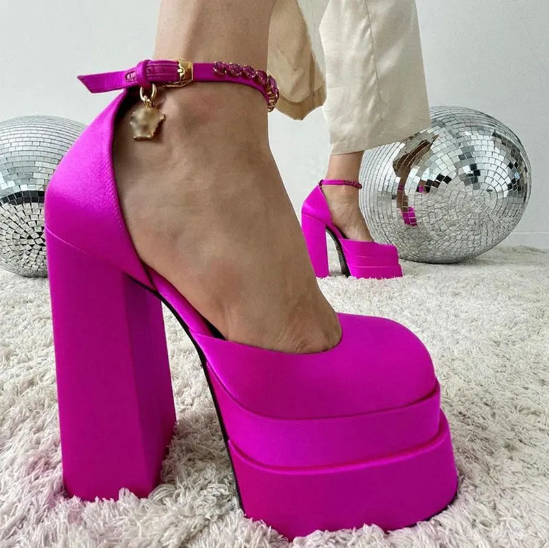 High Heels Women 2025 New Fashion Show 15cm Personality Super High Heel Waterproof Square Head Black Silk Runway Shoes