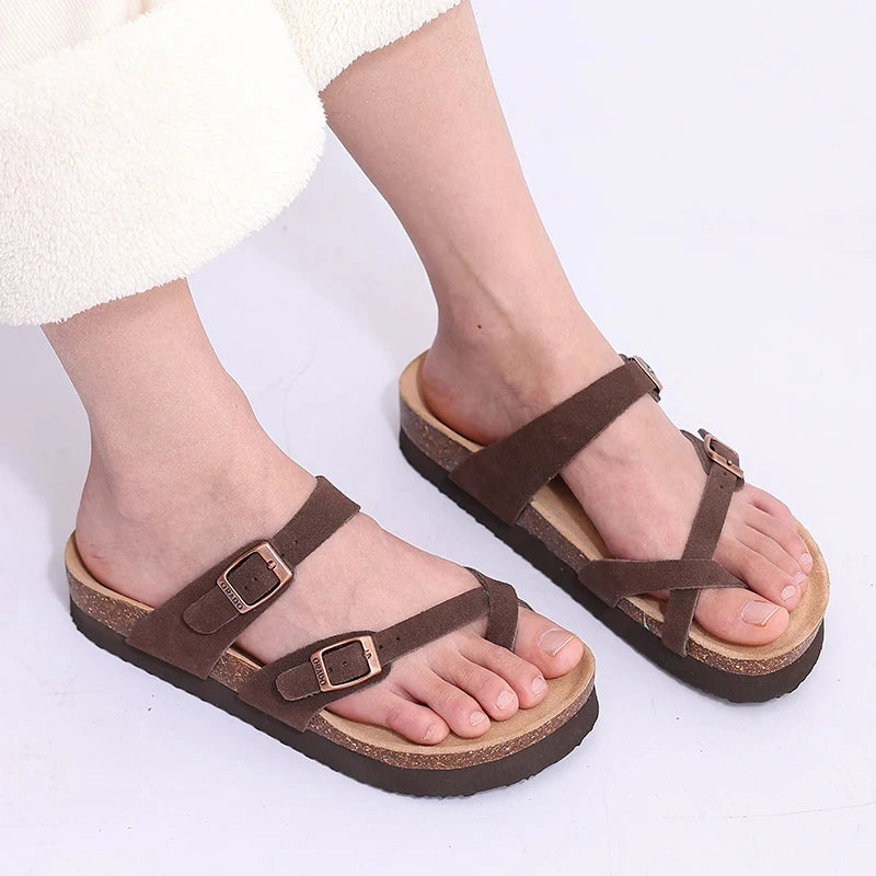 Shevalues Women Sandals Fashion Casual Cork Slippers Comfort Flats Slides With Adjustable Buckle Female Thick Sole Home Shoes