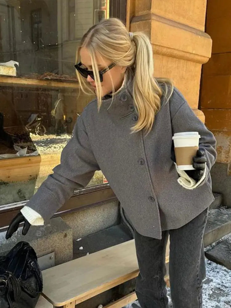 Stand Collar Women Spring Woolen Coats Single Breasted Loose Female Long Sleeve Jacket  Fashion Office Lady Street Short Coat