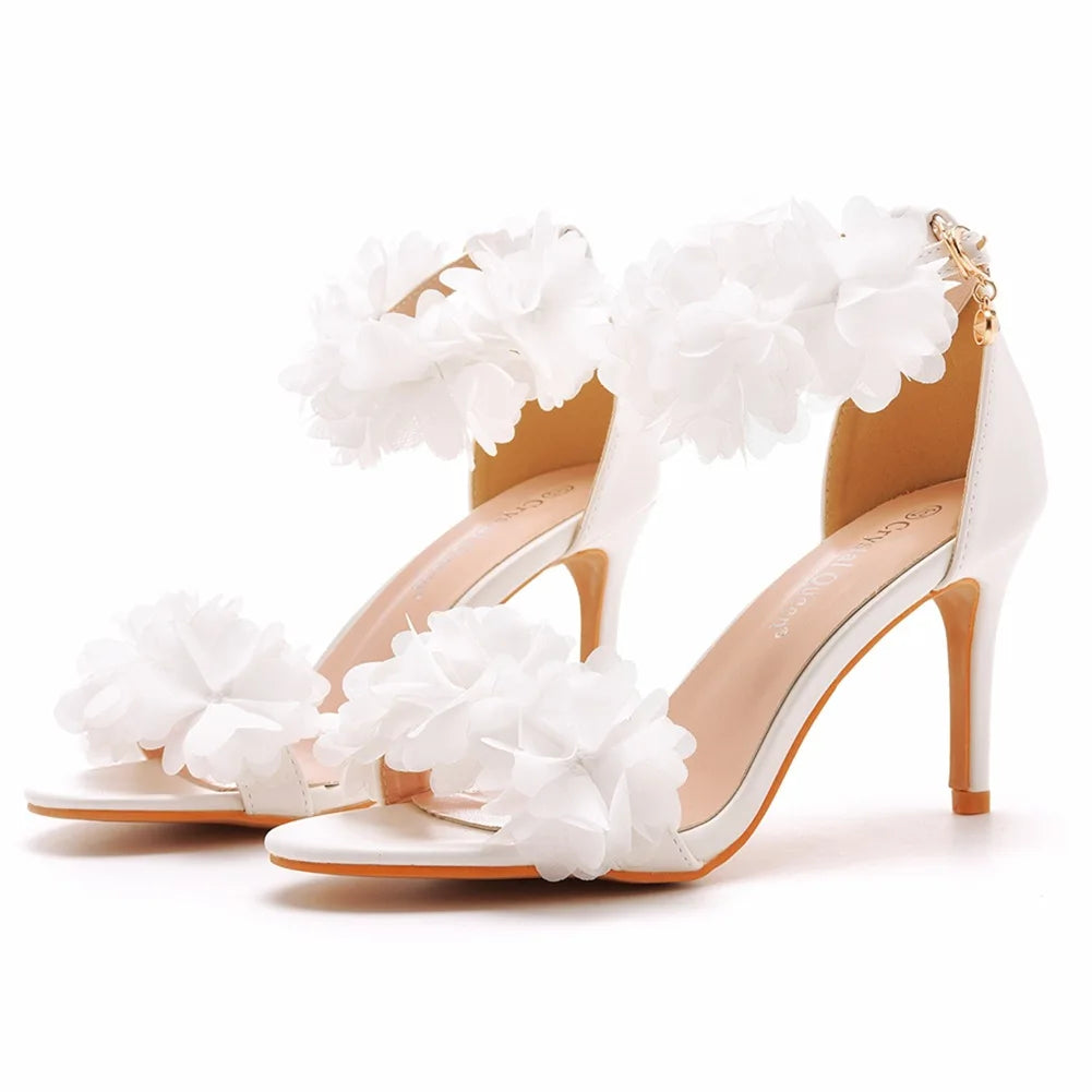 Women Sandals Fashion Sandalias Flower Decoration PU 8CM Cover Heel Buckle Strap White Solid Bridal Wedding Sweet Women's Shoes